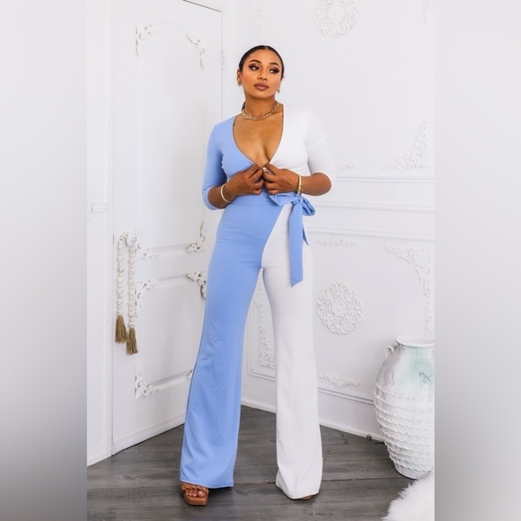 Elegant Blue and White Jumpsuit - Picture 5 of 6